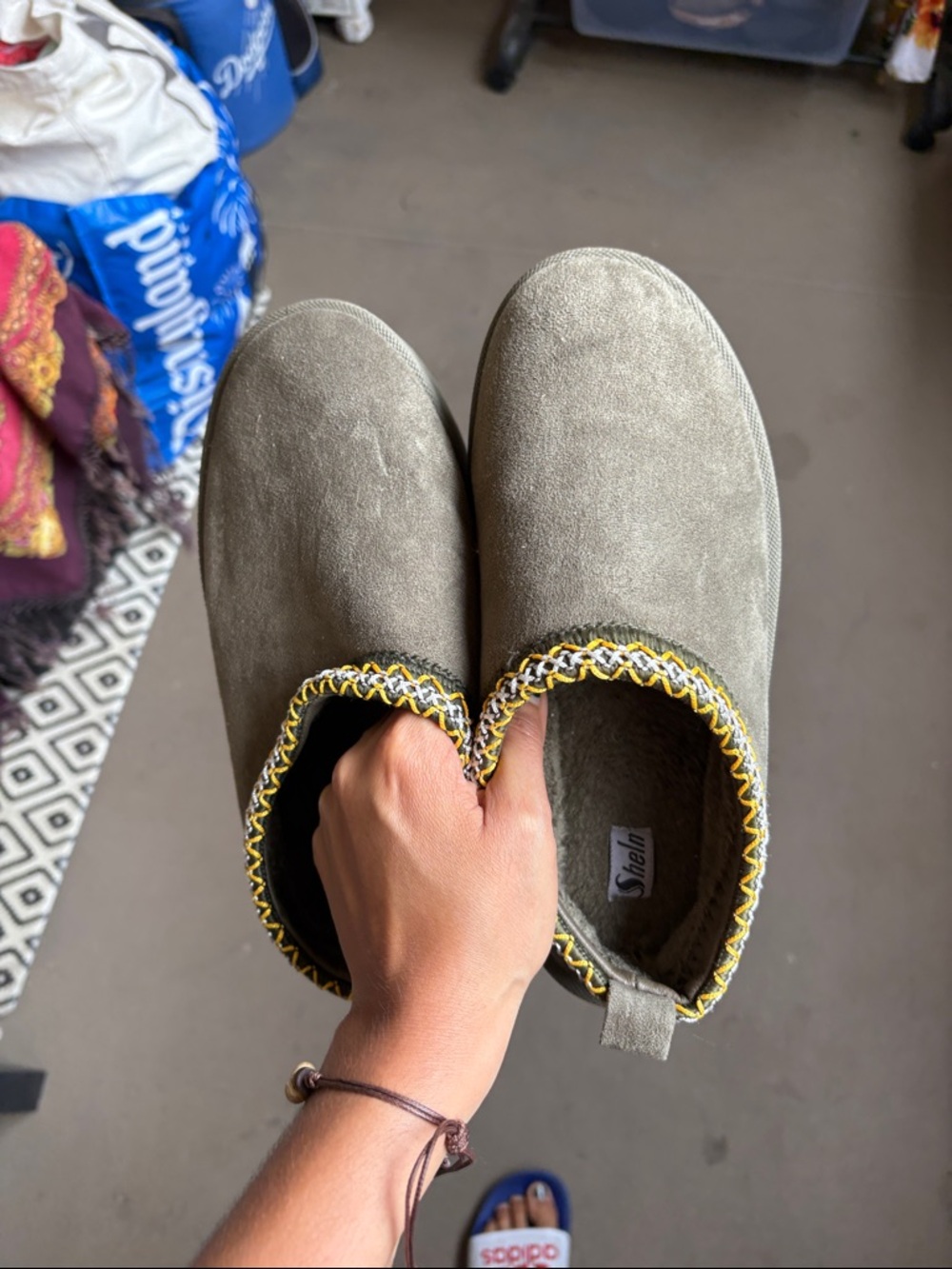 Olive Green Slip-On Suede-Look Slippers with Yellow Trim